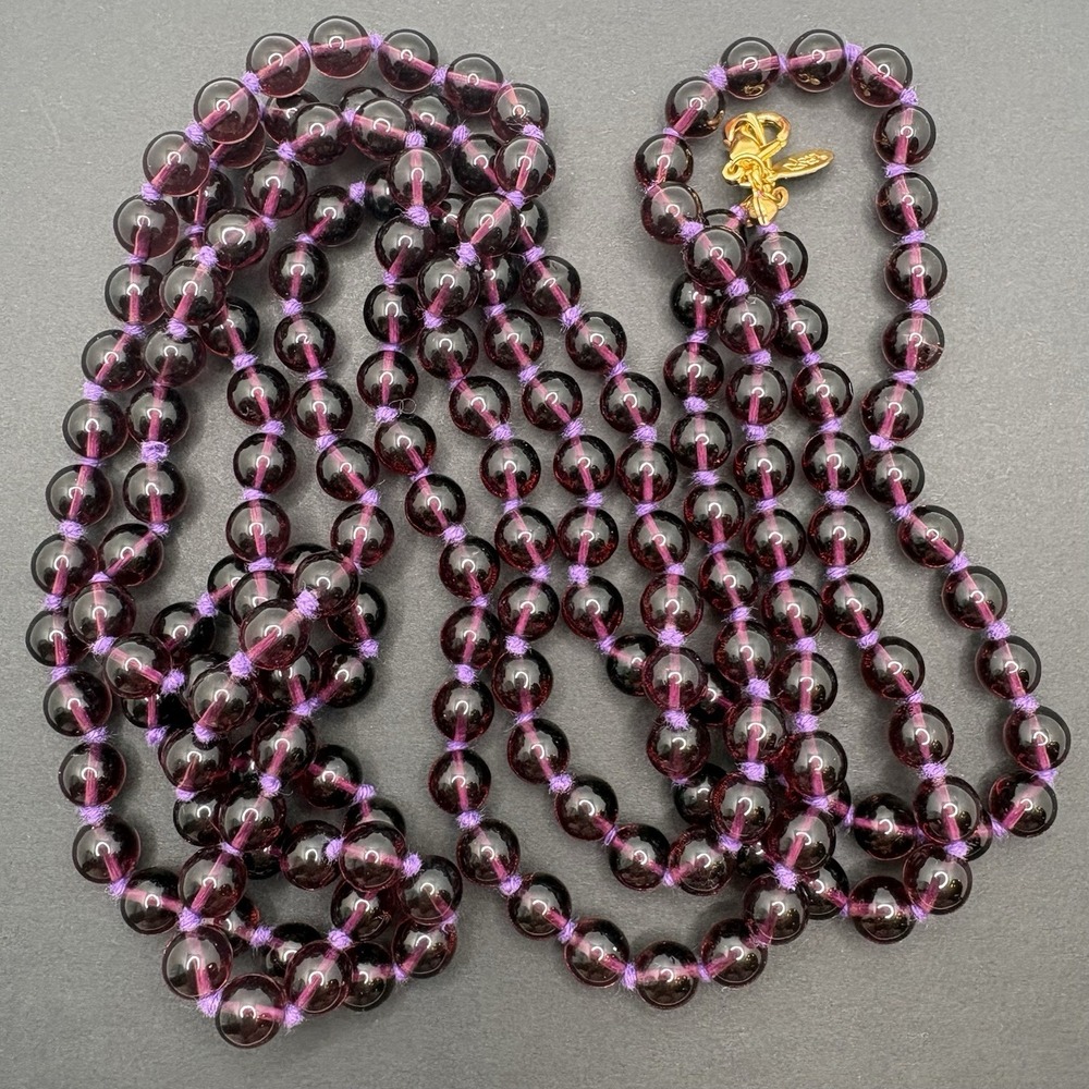 Vintage Joan Rivers Purple Glass Beads Knotted Single Strand Necklace 68"